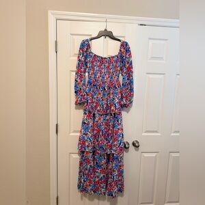 Pink Lily Blue Floral Tiered Maxi Dress with Red & Pink Flowers